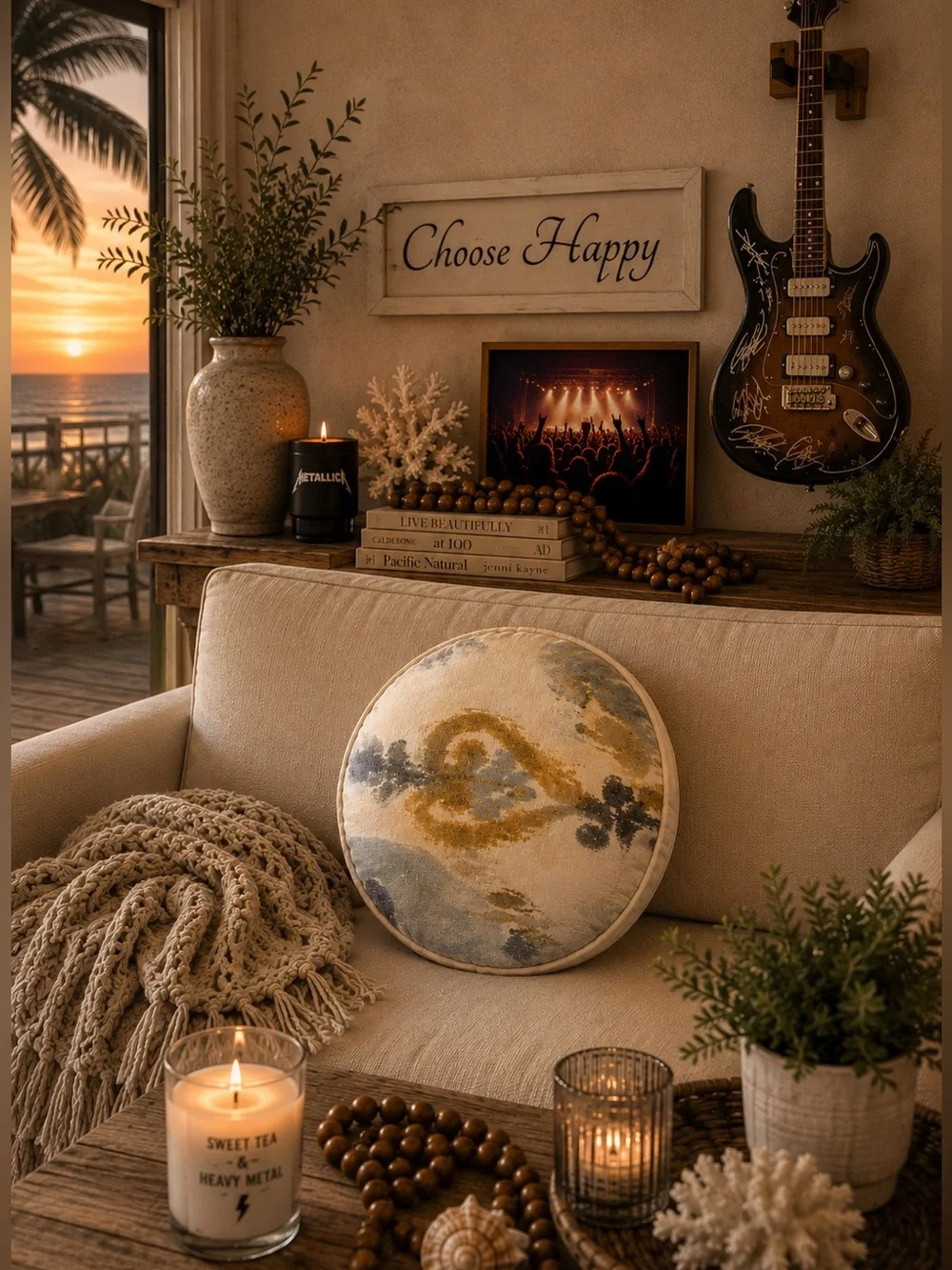Round Abstract Coastal Accent Pillow Blue Gold Ivory Designer Throw Pillow